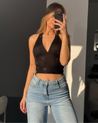 Haltertop mit Pailletten, schwarz