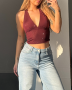 SEQUIN SPARKLE HALTER TOP BURGUNDY